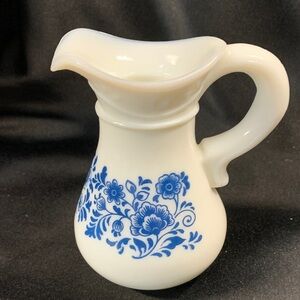 Vintage Avon" Skin So Soft"(4")  Bath Oil Milk Glass Floral  Pitcher White/Blue
